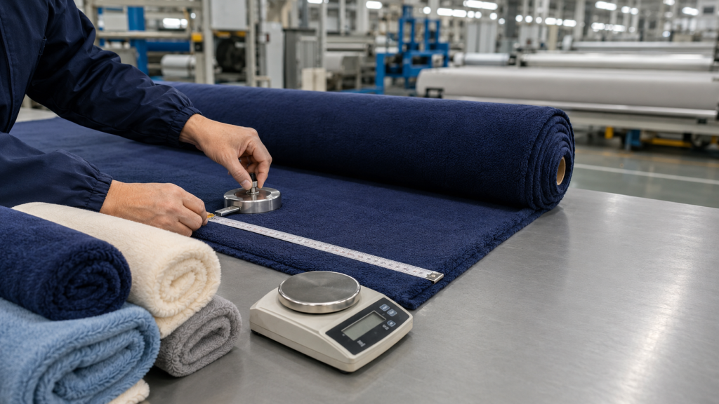 Technician checking fleece fabric GSM and usable width in a textile factory