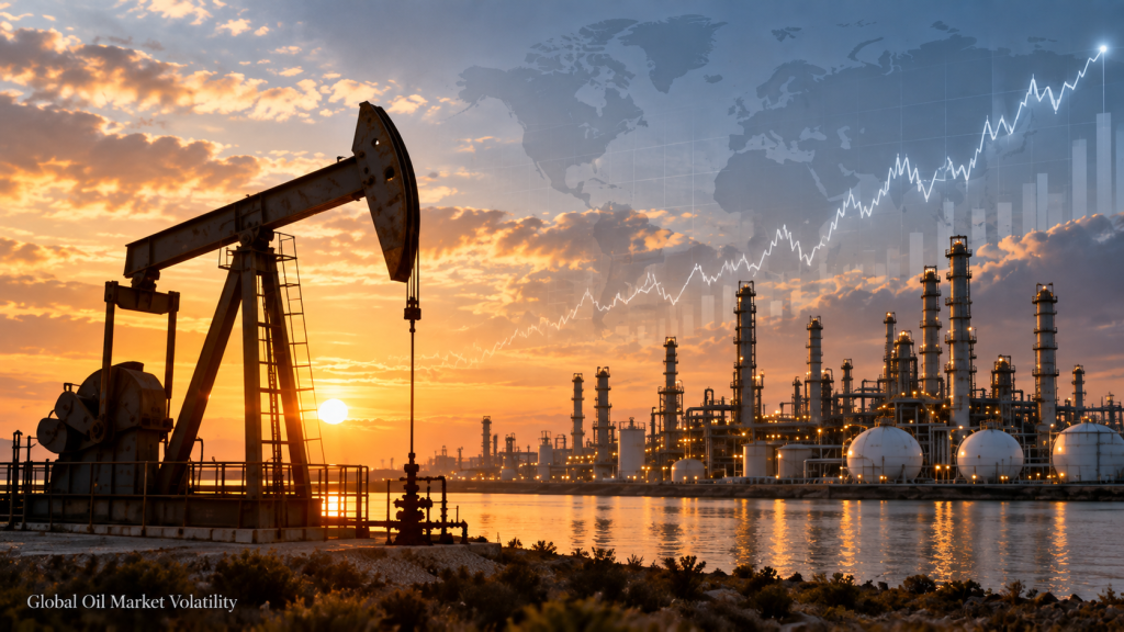Global oil market volatility with oil pumpjack, refinery and rising price chart