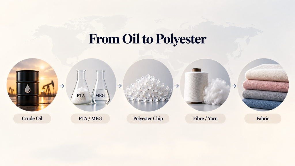 From crude oil to polyester fabric supply chain, including PTA, MEG, polyester chips, fibre and fabric